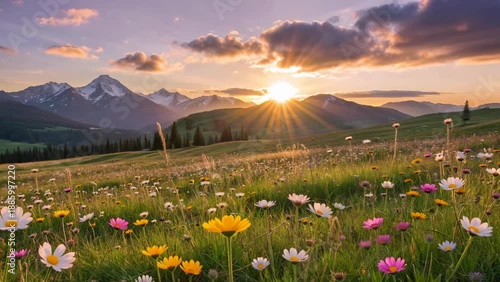 Daisies in the Sunset: A breathtaking vista unfolds as the sun sets, casting its golden rays upon a vibrant meadow carpeted with wildflowers, with mountain range in the distance