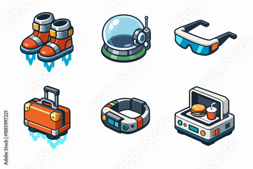 Futuristic travel gadgets with jet boots, AR glasses and hover suitcase