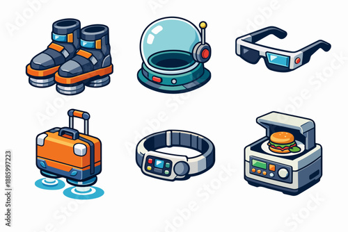 Sci fi wearable tech with gravity boots, smart glasses and hover luggage