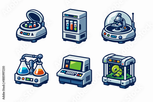 Futuristic laboratory equipment set with centrifuge, microscope pod and specimen chamber