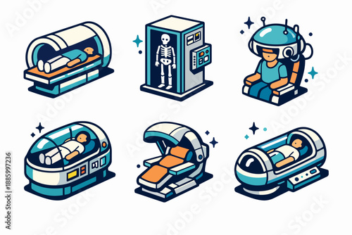 Futuristic medical imaging devices with MRI scanner, Xray machine and VR therapy chair