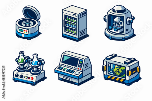 Science laboratory machines set with centrifuge, incubator cabinet and biohazard crate