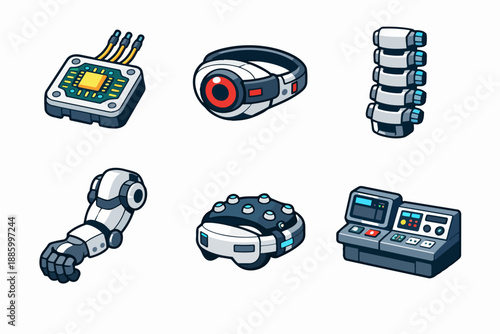 Cybernetic implant components set with bionic eye, robotic arm and neural headset