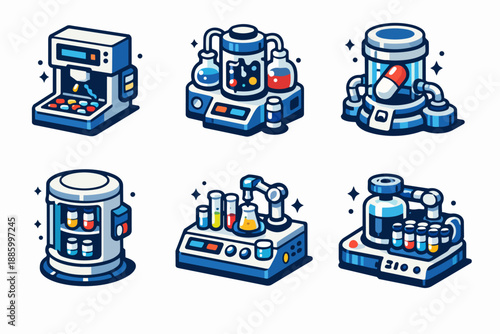 Automated pharma laboratory equipment set with capsule chamber, mixing station and vial filler