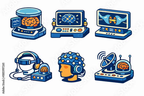 Brain computer interface concept set with neural dashboards, VR headset and EEG helmet