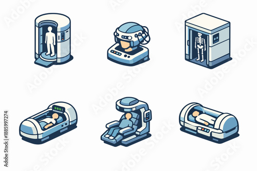 Retro futurism medical scanners set with body chambers and imaging pods icon