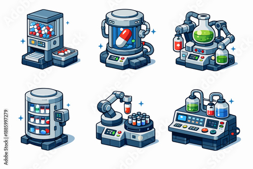 Retro futurism pharmaceutical machines set with capsule reactor and lab robot arm icon