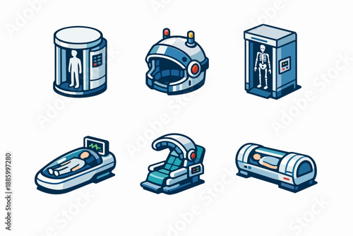 etro futurism body scan equipment set with VR headset and imaging booths icon