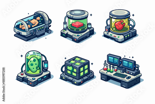 Retro futurism biotech lab equipment set with human pod and specimen jars icon