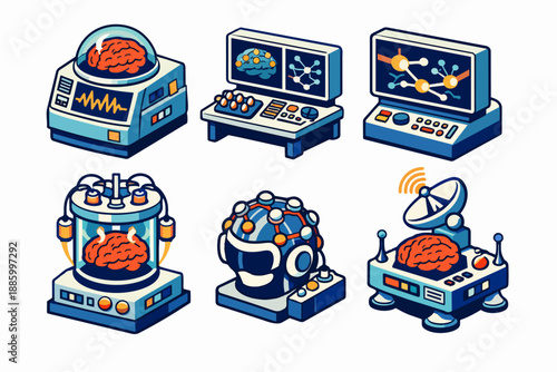 Retro futurism AI lab devices set with brain machines and control consoles