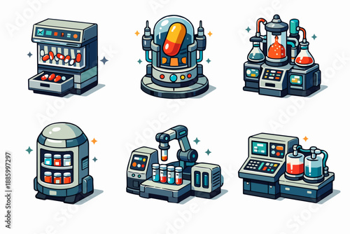 Retro futurism medicine production devices set with pill dispenser and lab consoles icon