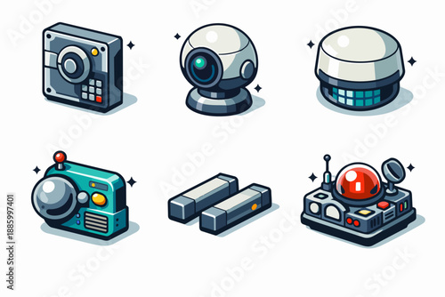 Surveillance systems icon set with secure safe, sensor dome and monitoring console