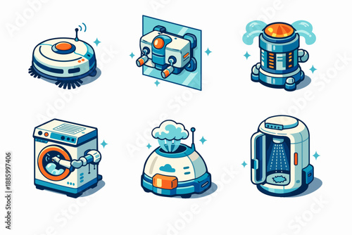 Home sanitation icon set with robot washer, steam cleaner and shower capsule