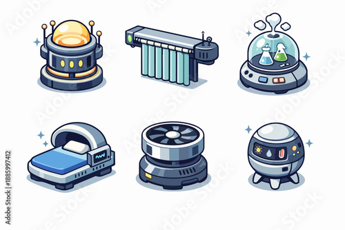 Medical facility icon set with patient bed, lab dome and ventilation equipment