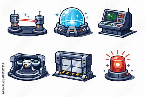 Retrofuturistic security base icon set with laser barrier, radar dome and alert system