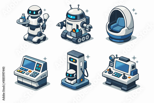 Retrofuturistic home service robots icon set with cleaning bots and lounge capsule