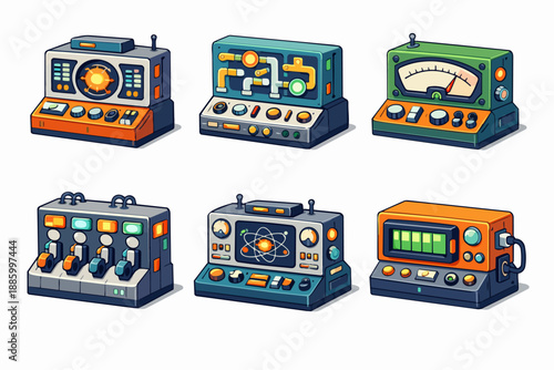 Retrofuturistic science consoles icon set with atom reactor panels and power control