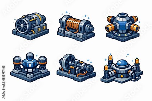 Power generator units icon set with turbines and engine blocks