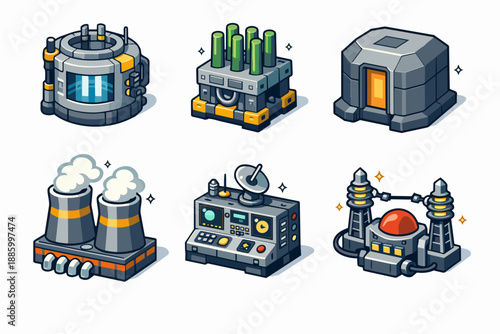 Energy plant blocks icon set with reactor units and cooling towers
