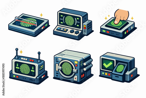 Fingerprint scanners icon set with biometric verification and access terminals