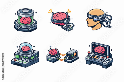 Brain interface machines and neural control devices in retrofuturistic style