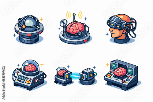 Neural interface lab with brain signal modules in retrofuturistic style