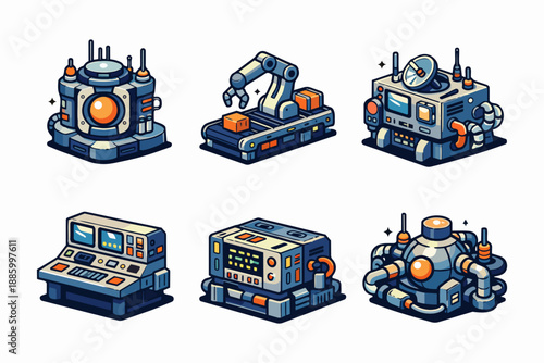 Industrial automation control core and machine coordination hub in retrofuturistic style