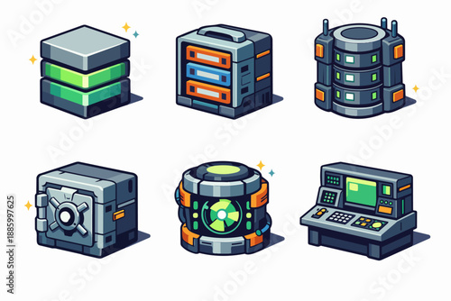 Retro futurism data storage icons with database server, vault and control console