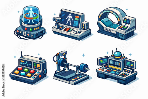 Retro futurism sports training icons with motion analysis console, strength tester and scan pod