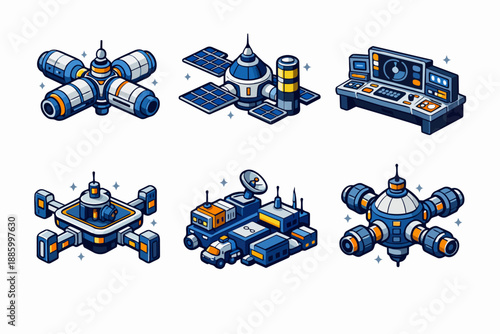 Retro futurism space station icons with orbital modules, satellite array and mission control