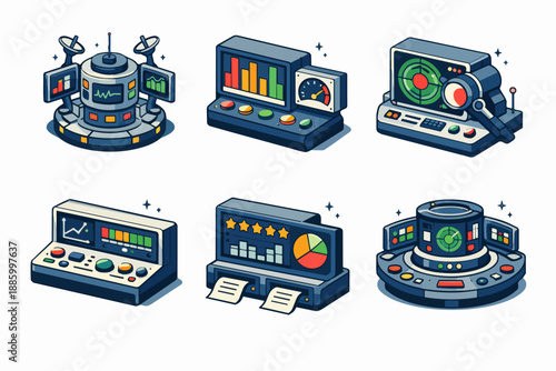 System monitoring consoles with radar screen, performance gauge and analytics dashboard