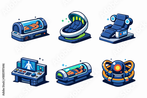 Retro futurism recovery technology icons with muscle chamber, energy pod and reset core