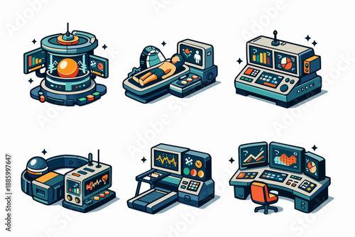 Retro futurism fitness analytics icons with biometric analyzer, activity metrics and treadmill module