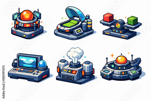 Retro futurism reactor lab icon set with energy core bed and control console