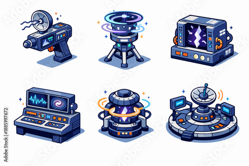 Sci-fi portal equipment with handheld scanner, anomaly containment unit and command station