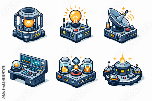 Space tech modules with reactor chamber, satellite transmitter and mission control console