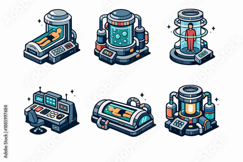 Retro futurism cryosleep icon set with stasis chambers and teleport tubes