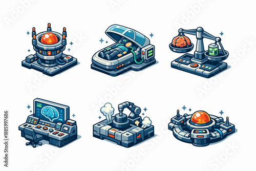 Retro futurism energy lab icon set with reactor scale and sci fi consoles