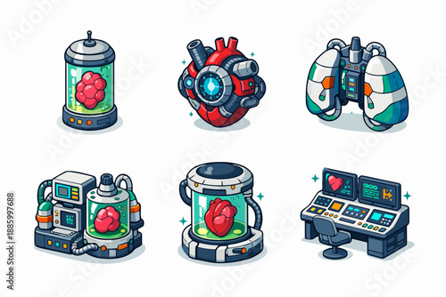 Retro futurism medical organ icon set with heart tanks and lung devices