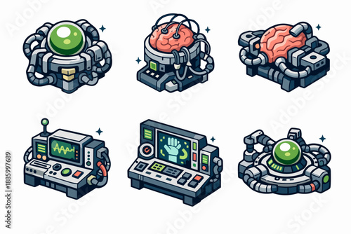 Retro futurism brain lab icon set with cyber neural machines and monitors