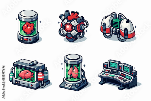 Retro futurism biotech organ icon set with heart and lung machines