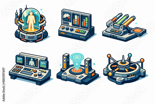 Retro futurism research station icon set with scanners monitors and teleport platform