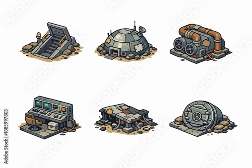 Post-apocalyptic base architecture with bunker entrance, dome shelter and industrial generator