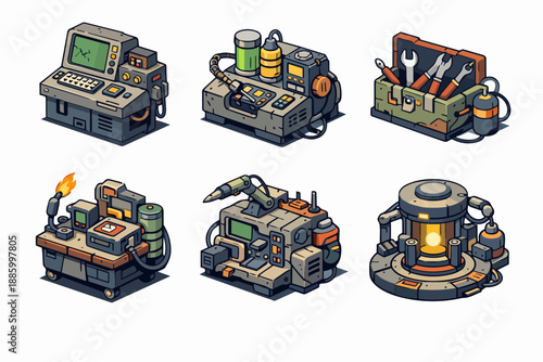 Post-apocalyptic maintenance equipment with diagnostic terminal, mobile workshop and energy reactor