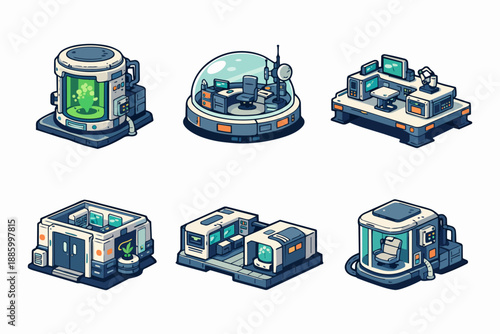 Retrofuturism research facility silhouette set with experiment chamber, observation dome and lab modules