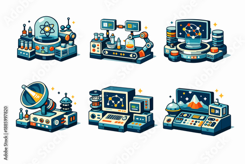 Retrofuturism science workstations silhouette set with robotic lab, satellite dish and data console