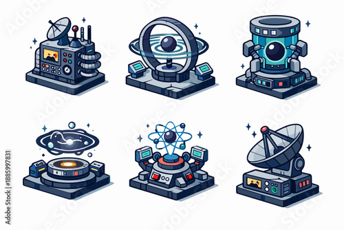 Retrofuturism quantum devices silhouette set with particle ring accelerator, energy core and antenna station