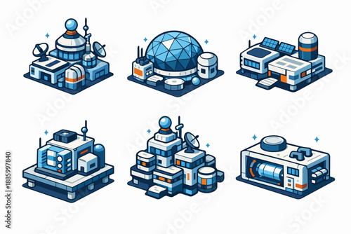 Retrofuturism space base silhouette set with research buildings, dome lab and solar facility
