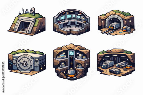 sometric secret bunker cutaway set with tunnel cart, storage bays and garage