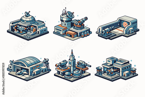 Isometric sci-fi military base buildings set with defense turrets, hangar and research lab